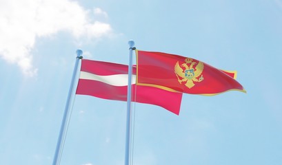 Latvia and Montenegro, two flags waving against blue sky. 3d image