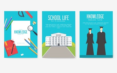Back to school information cards set. Student template of flyear, magazines, posters, book cover, banners. College education infographic concept background. Layout illustrations modern pages