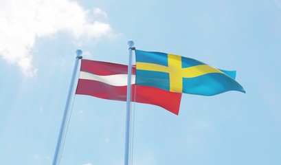 Latvia and Sweden, two flags waving against blue sky. 3d image