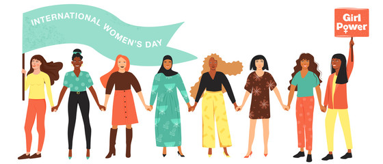 International Women's Day, feminism, girl power concept. Girls hold hands. Group of women different nationalities protesting and vindicating their rights. Vector illustration on white background.