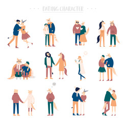 Fototapeta na wymiar Flat cartoon happy romantic couples walking together on white background. Standing single lonely girl or pairs of men and women on date. Modern colorful vector illustration