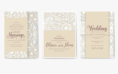 Set of white wedding flyer pages ornament illustration concept. Vintage art traditional, Islam, arabic, indian, ottoman motifs, elements. Vector decorative retro greeting card or invitation design