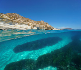 Rocky coast with seagrass and sand underwater, Mediterranean sea, Spain, Cabo de Gata Nijar natural...