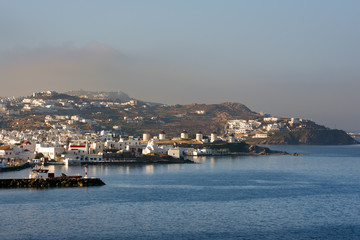 Mykonos island, Greece. Port and windmills