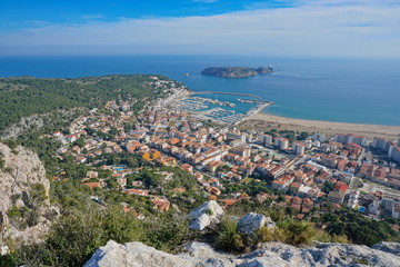 Spain view over the coastal town of l'Estartit with the Medes islands marine reserve, Costa Brava,...