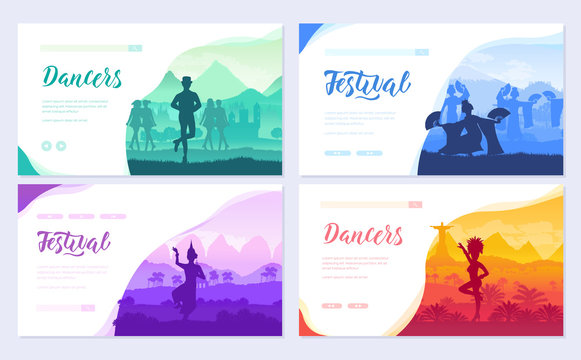 Traditional dances from all over the world brochure cards set. Cultural Dancer Styles template of flyear, web banner, ui header, enter site. Invitation concept background. Layout modern slider page