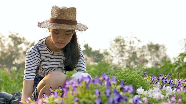4K Pretty Asian girl planting flower in the garden, Slow motion shot