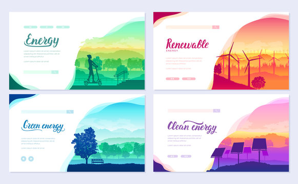 Tomorrow's clean energy equipment on nature landscape. Eco electricity design for poster, magazine, brochure, booklet. Ecological technology flyer background