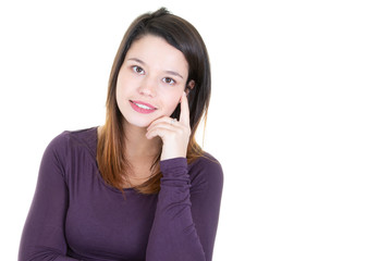 Beautiful dreamer young woman thinking and dreaming looking face with blank copy space