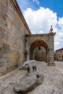 pig and cross at church square, La Alberca, Spain