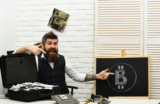 Getting into a bitcoin business. Business man in server room. Bearded man with cash money. Bearded hipster with bitcoin symbol and dollars. Bitcoin for business. From paper money to crypto currency