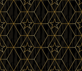 Elegant dark wood and gold abstract geometric design of stars on overlapping hexagons in a minimalist line art style.