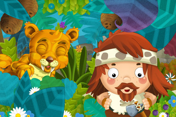 cartoon scene with caveman barbarian warrior encountering sabre tooth illustration for children