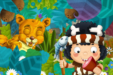 cartoon scene with caveman barbarian warrior encountering sabre tooth illustration for children