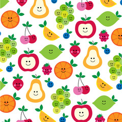 cute fruit with faces pattern on white 