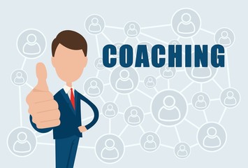 Coaching - text on a blue background with social network icons.