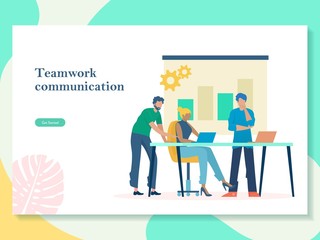 teamwork communication, coworking space with business people working on the table and analysis data vector illustration concept, can use for, landing page, template, ui, web, poster, banner, flyer