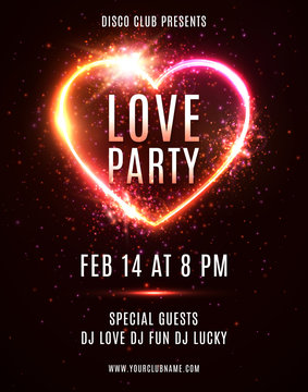 Valentines Day party poster template invitation with electric heart border on dark red background. Romantic flyer for 14 February. Night club disco music dance event. 80s style vector illustration.
