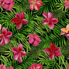 Fotobehang Tropische Bladeren Pattern with flowers and leaves. Handmade watercolor painting. Floral tropical seamless pattern for wallpaper or fabric.  © Nadezhda St.