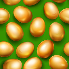 Seamless pattern of realistic golden Easter eggs with shadows on green background