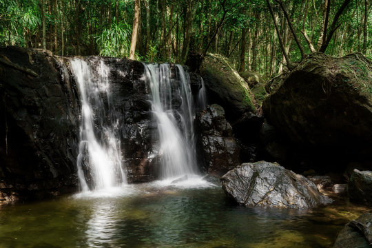 Waterfall in the green forest. Suoi Tranh, Phu Quoc island in Vietnam. Beautiful nature landscape background