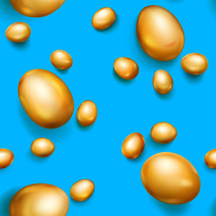 Seamless pattern of realistic golden Easter eggs with shadows on light blue background