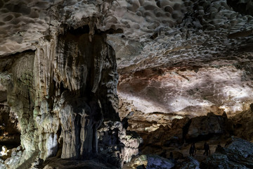 Cave deep dark inside. Underground of stone rock mountain. Ha Long Vietnam nature background