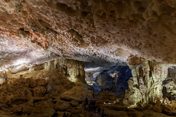 Cave deep dark inside. Underground of stone rock mountain. Ha Long Vietnam nature background