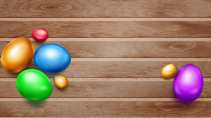 Realistic colored Easter eggs with shadows on wooden planks