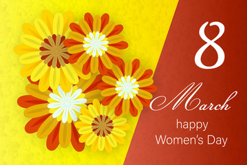 Postcard on March 8, Women's Day. Yellow-brown floral bouquet on a yellow-brown marble background. Happy Mother's Day.