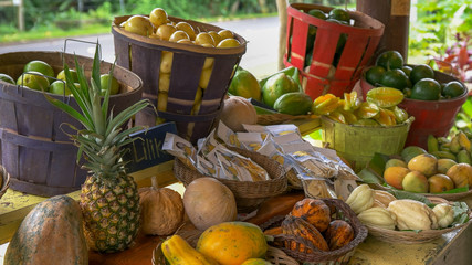 close up of fresh tropical fruit for sale at a roadside stand on the road to hana