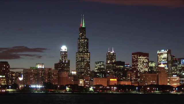Wide shot of city at night in Chicago United States