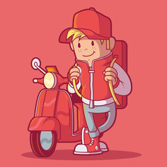 Delivery man standing near a scooter vector illustration. Courier, delivery, service, brand, advertising design concept
