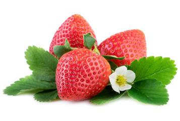 Fresh organic Strawberry with leaves on white