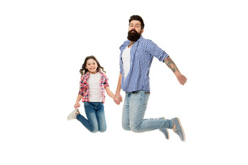 Carefree and happy. Going crazy together. Father and daughter having fun. Child and father best friends. Parenthood and childhood. Fathers day concept. Lovely father and cute kid jump in mid air