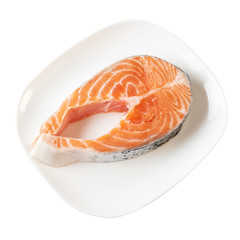Fresh Salmon Steak On Dinner Plate Isolated On White With Clipping Path