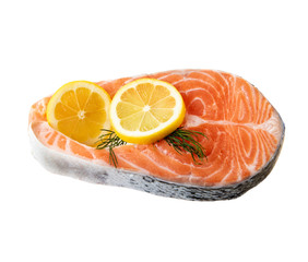 Fresh Salmon Fish Steak Wih Lemon Slices Isolated On White Background