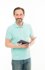 Confidence and intelligence. Never too late study. Man mature bearded hold book isolated white background. Useful information. Self education. Home education and self improvement. Education for adult