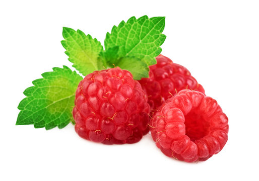 raspberry with fresh mint leaf isolated on white