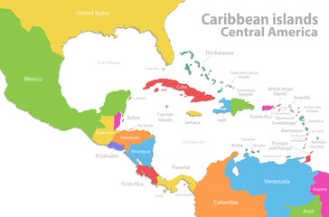 Caribbean islands Central America map, new political detailed map, separate individual states, with state names, isolated on white background 3D vector