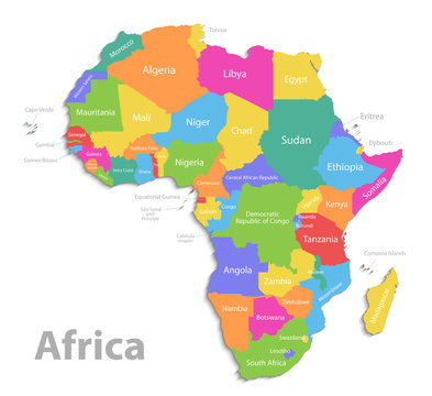 Africa map, new political detailed map, separate individual states, with state names, isolated on white background 3D vector