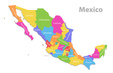 Mexico map, new political detailed map, separate individual states, with state names, isolated on white background 3D vector