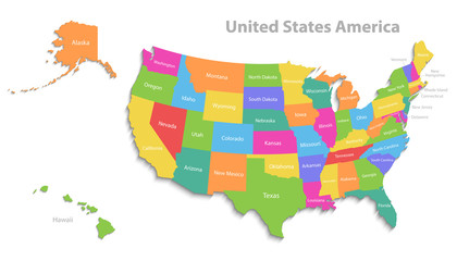 USA map with Alaska and Hawaii map, new political detailed map, separate individual states, with state names, isolated on white background 3D vector