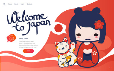Vector template for Vacation in Japan promotion or poster. Holydays in Japan landing page wireframe or japanese tour banner with kokeshi doll and lucky cat.