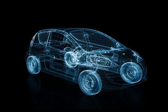 3d rendering of a brandless generic car blue wires on black background