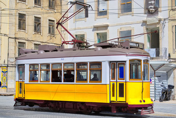 Lisbon, Portugal-17 October, 2017: Famous yellow Lisbon tram lines, a landmark Lisbon tourist attraction
