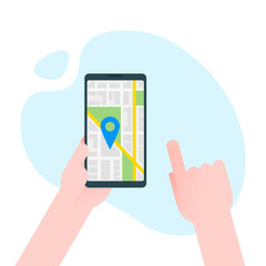 Hand holds smartphone with city map gps navigator on smartphone screen. Mobile navigation concept. Modern simple flat design for web banners, web sites, infographics. Creative vector illustration