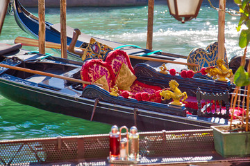 Luxury Gondola waiting for tourists near Rialto Bridge in Venice