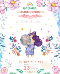 Watercolor isolated cute watercolor unicorn clipart. Nursery unicorns illustration. Princess unicorns poster. Trendy pink cartoon horse. Birthday invite card