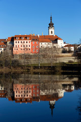 Obraz na płótnie Canvas Sunny winter royal medieval Town Pisek with the Castle above the river Otava, Czech Republic 